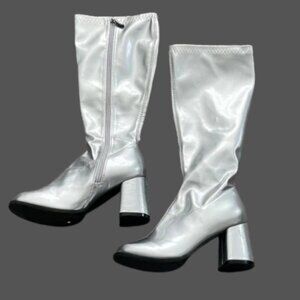 Ellie Silver Knee-High Women's Zip Boots with Wide Chunky Heel - Size 7